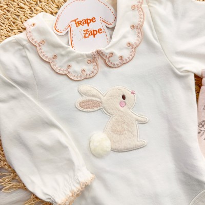 Conj. Body Manga Longa Coelhinha e Calça em Moletinho - Rose e Off White